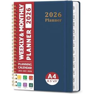 2026 Planner, Weekly and Monthly Calendar Planner, January 2026 - December 2026, Hardcover 2026 Calendar Book with Tabs For Women & Men, Inner Pocket, Spiral Bound, Perfect for Office Home School Supplies - A4 (8.5" x 11"), Navy