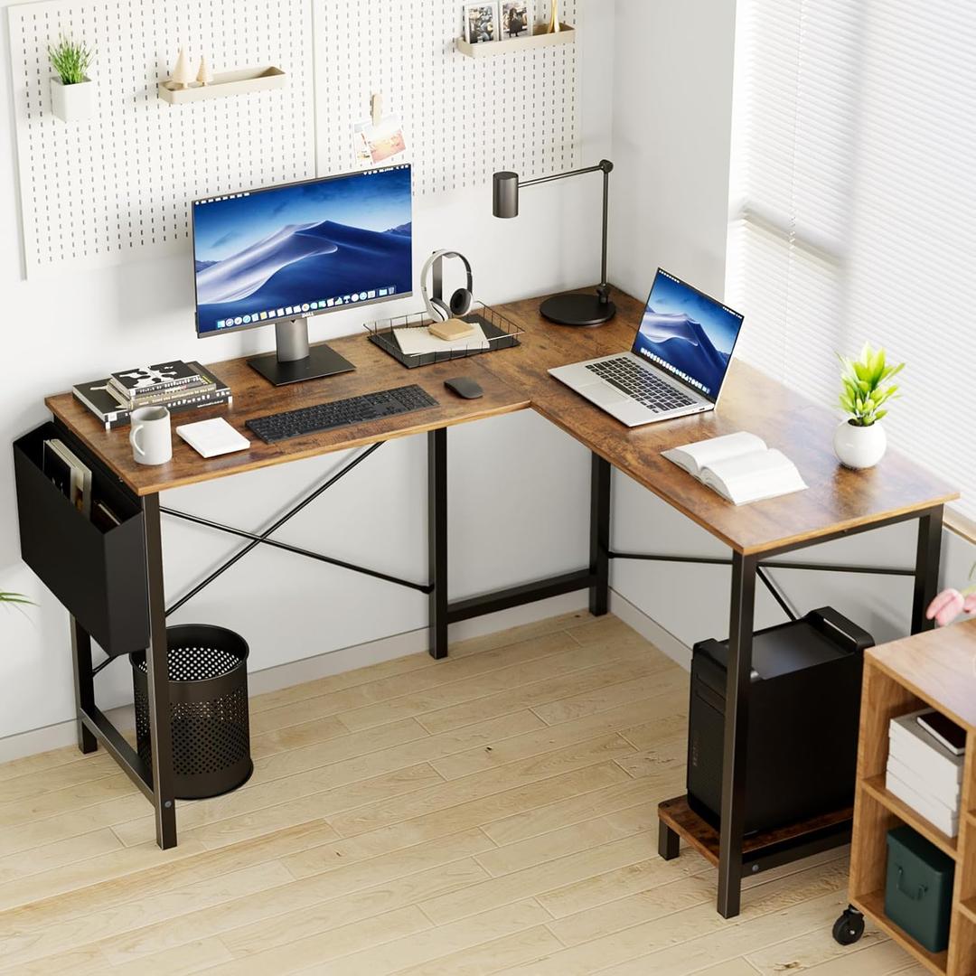 L Shaped Desk Gaming Computer 50 Inch Reversible Corner Table PC Work Table for Writing Study Student with Wood Tabletop Metal Frame CPU Stand Side Bag for Home Office Small Place (Rustic Brown)