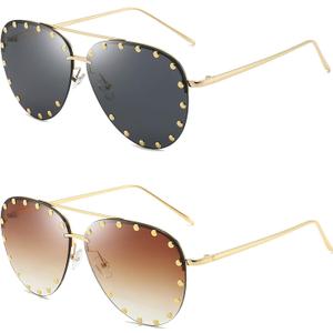 Dollger Studded Sunglasses for Women Fashion Studded Aviator Sunglasses Metal Frame UV 400 (A8:2 Packs-grey+gradient Tea Lens)