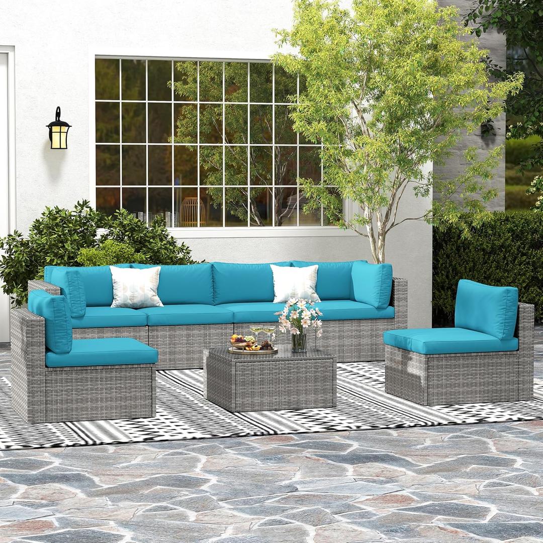 May in Color 6 Seater Patio Outdoor Furniture Set, Wicker Patio Conversation Sets with Coffee Table, All Weather Modular Outdoor Sectional Sofa for Porch Balcony Backyard Deck, Light Blue