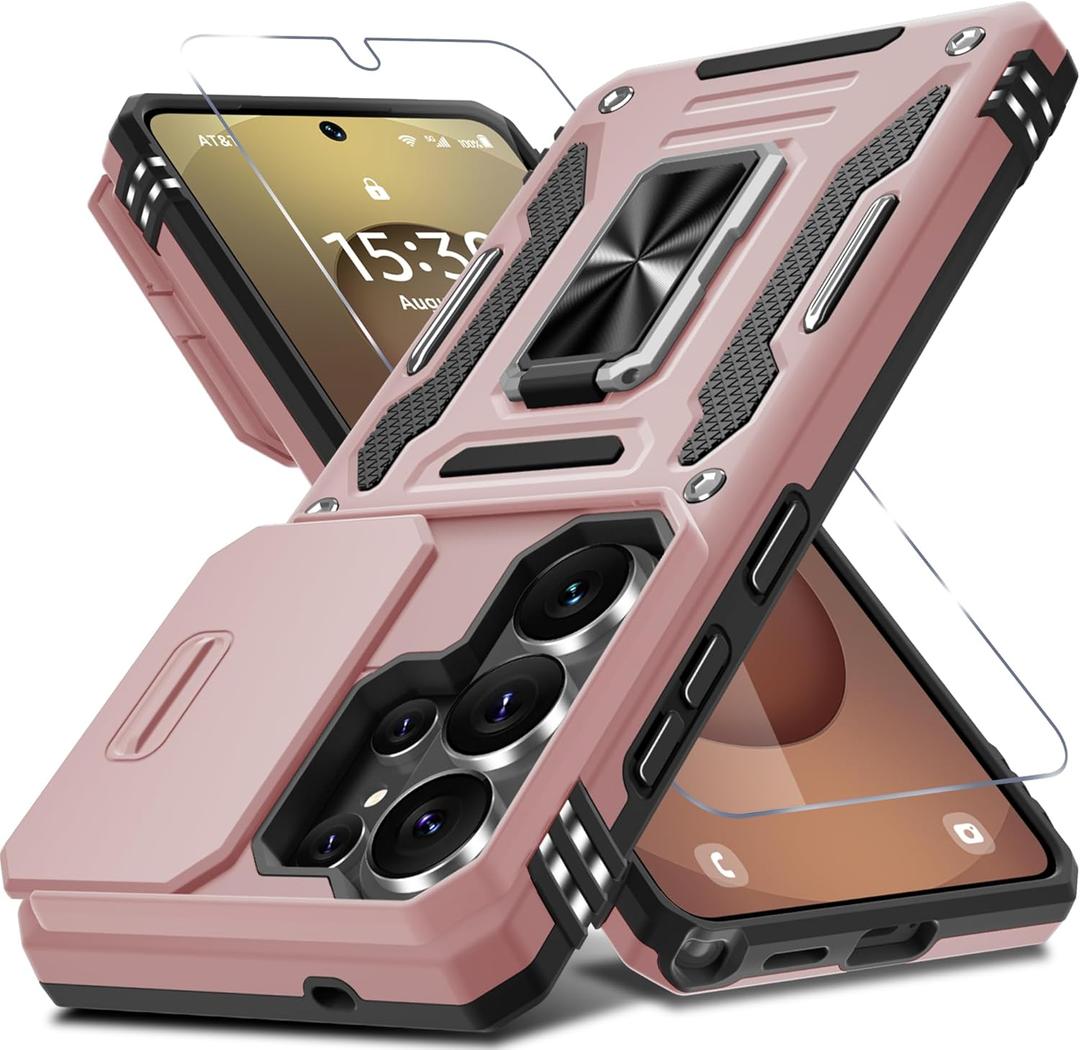 DEERLAMN Case for Samsung Galaxy S26 Ultra 6.9-Inch with Slide Camera Cover+Screen Protector(1 Pack), Rotated Ring Kickstand Military Grade Shockproof Protective Cover-Rose Gold