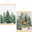 Tenceur 2 Pcs Winter Wall Art Decor Pine Tree Reindeer Holiday Wall Decor Christmas Poster Hanger with Wood Frames Wild Animals Canvas Artwork Decoration for Home Bedroom Living Room