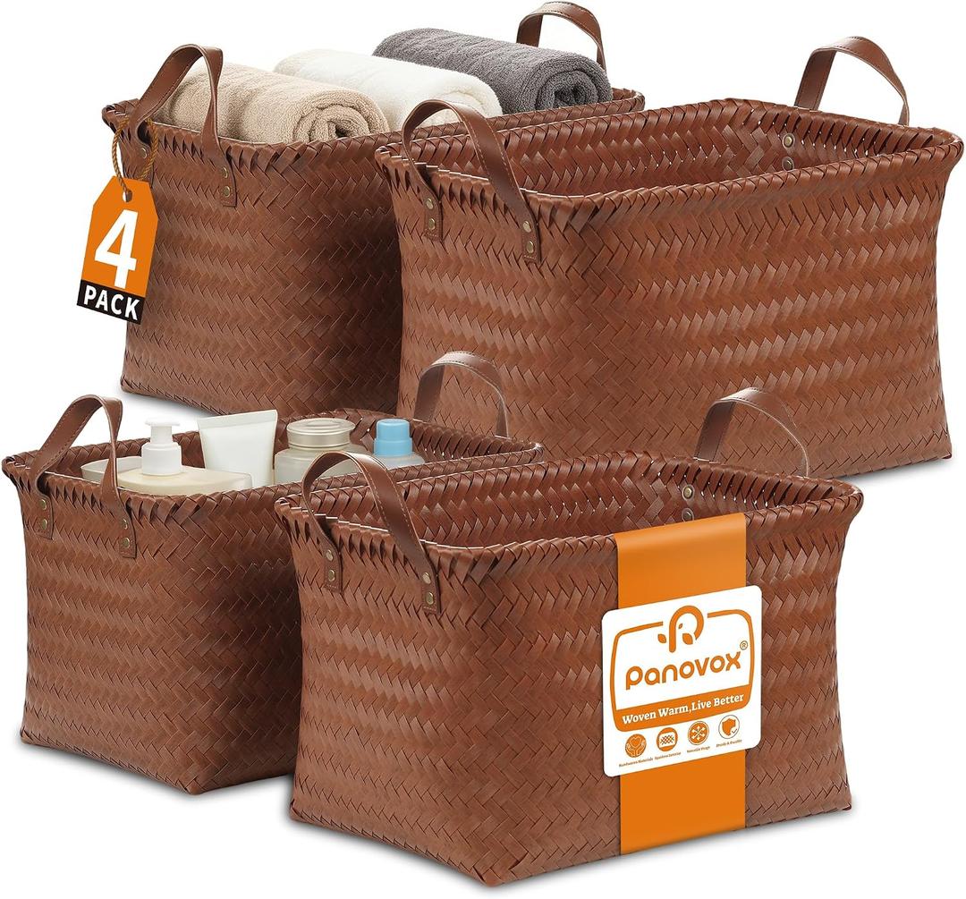 Hand Woven Baskets for Storage, 4Pcs Water-Resistant Wicker Baskets, Brown Wicker Storage Baskets for Shelves, Large Basket with Handle for Organizing, Clothes, Laundry, Blanket - Rectangular, Medium