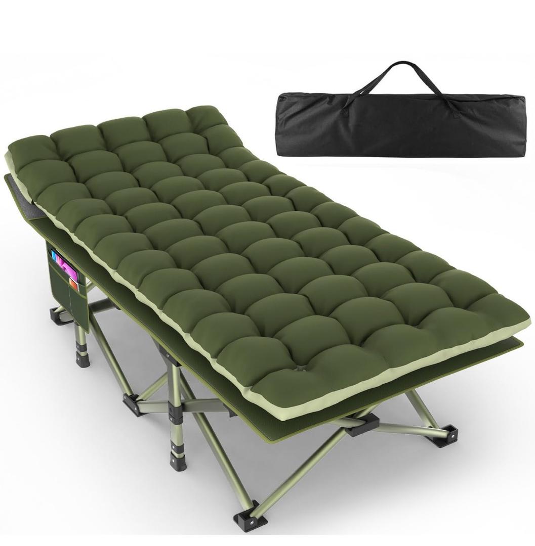 ZENPETIO 32in XXL Folding Camping Cot for Adults with Mattress, 900LBS Heavy Duty Portable Camp Bed, Oversized Foldable Sleeping Cot for Camping, Travel, Office(Green Cot + Green Mattress)