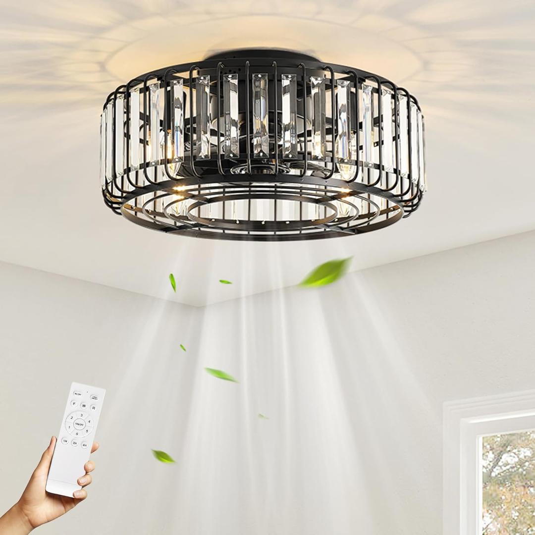 Fandelier 19" E12 Chandelier Ceiling Fan with Light, 6 Speed 3 Timer Quiet Caged Ceiling Fan with Lights for Bedroom, Living Room, Kitchen, Farmhouse (Black)