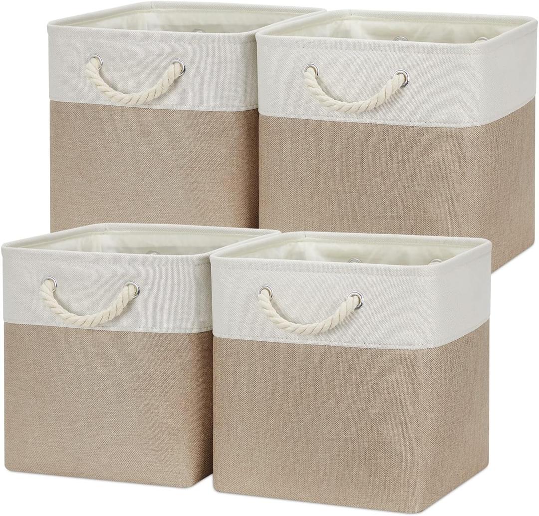 Temary 4 Pack Cube Storage Bins Cloth Baskets for Shelf, Fabric Storage Cubes 12 x 12 Baskets Gift Empty Basket with Handles, Basket for Storage (White&Khaki)
