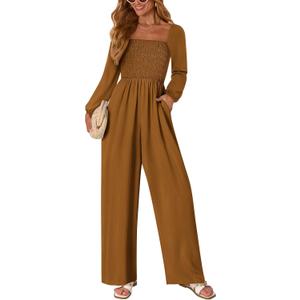 KIRUNDO Jumpsuits for Women Dressy Casual One Piece Long Sleeve Wide Leg Long Pant Rompers With Pockets 2025 Fall Outfits (S)