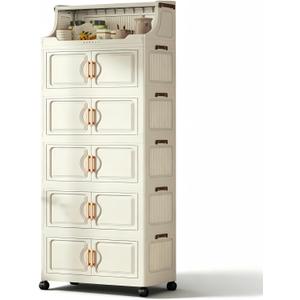 260QT Stackable Storage Bins with Lids & Rack, 6 Tier Large Capacity Foldable Storage Cabinet, Clear Collapsible Pantry Organizer for Home, Kitchen, Bathroom, Dorm, Office, White