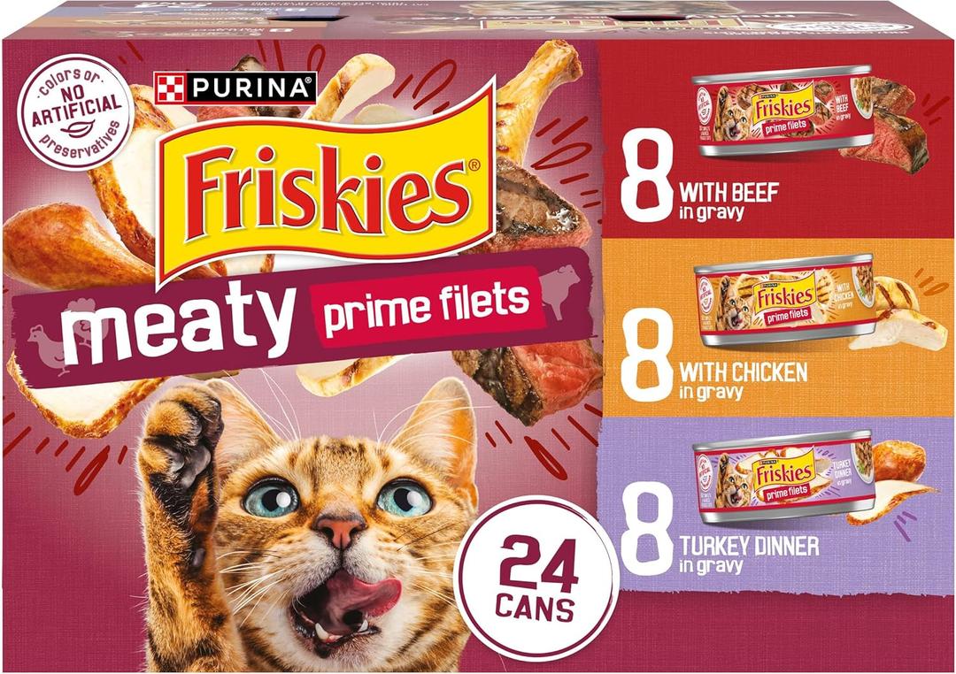 Purina Friskies Gravy Wet Cat Food Variety Pack, Prime Filets Meaty Favorites - (Pack of 24) 5.5 oz. Cans