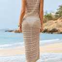Fisoew Womens Crochet Cover Up 2 Piece Skirt Sets Sleeveless Crop Cardigan Tank Tops Swim Coverup Set (Beige, M)