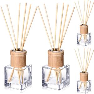 Roshtia 4 Set Reed Diffuser Bottle Empty Refillable Fragrance Glass Diffuser Bottles with Wooden Caps Rattan Sticks 50ml 1.7 oz Glass Jars for DIY Fragrance