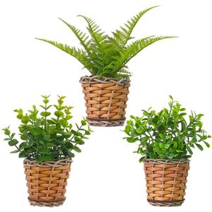Small Fake Plants, 3 Pack Mini Potted Artificial Fern, Eucalyptus, Aglaia Odorata Plant in Rattan Pots, for Farmhouse, Home Decor, Office, Bathroom, Desk, Indoor & Outdoor