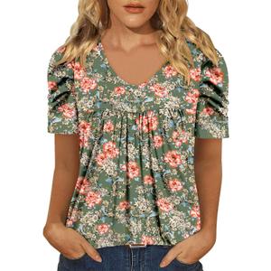 Onlypuff Womens T Shirts Dressy Casual Pleated Tunic Boho Floral Blouse Fashion Summer Outfits Short Sleeve Tops Round Neck GreenOrange L