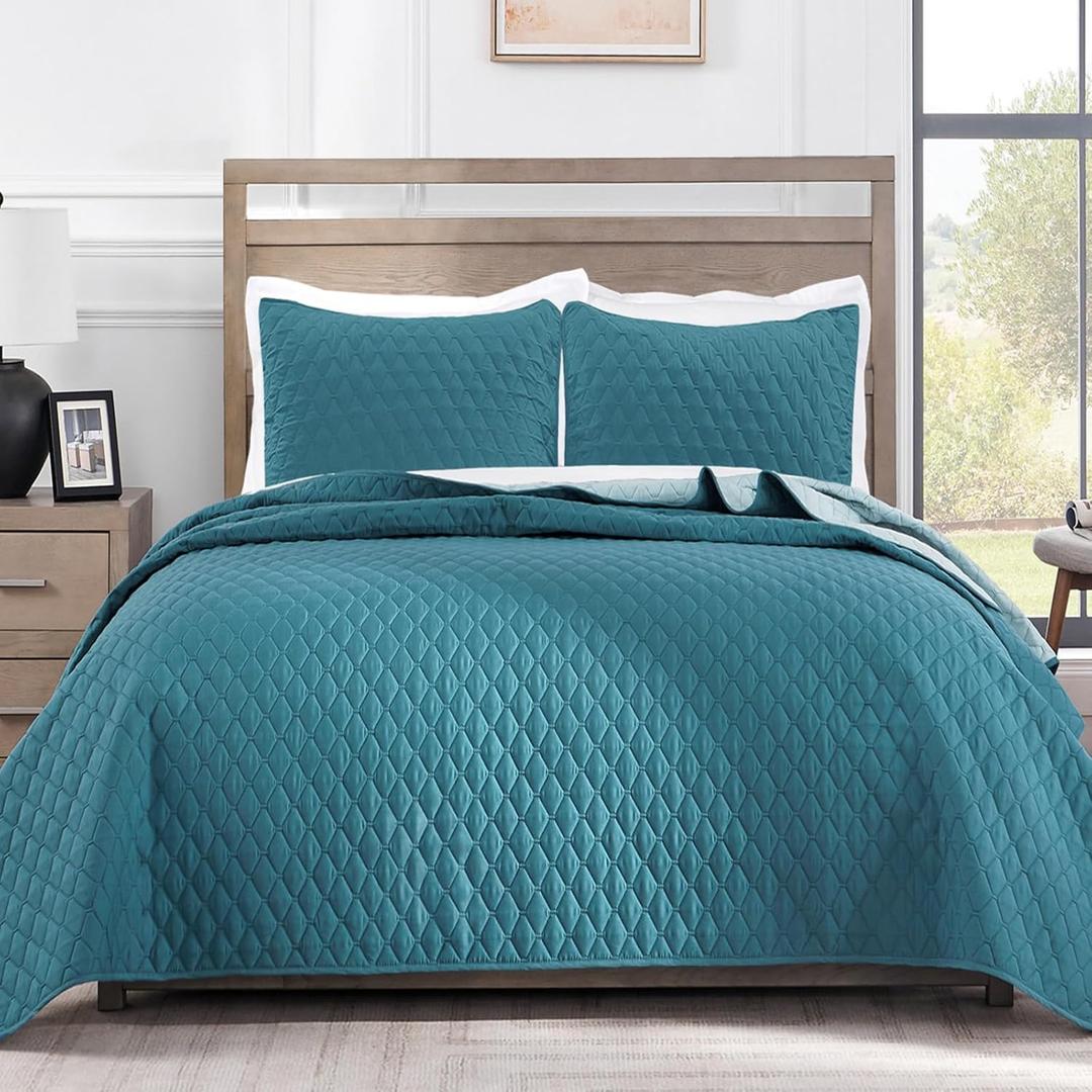 Exclusivo Mezcla Reversible Full Queen Quilt Bedding Set with Pillow Shams, Lightweight Quilts Queen Size, Soft Bedspreads Bed Coverlets for All Seasons - (Dusty Teal, 90"x96")
