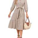 YEXPINE Women's Gingham Maxi Dress Puff Sleeve V-Neck Button Down Flowy Tiered Belted Dress Brown XXL