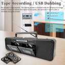 Retro Boombox with Dual Cassette Player, 7200mAh Battery, Bluetooth & 4-Band Radio (AM/FM/SW) Convert Tape to MP3 via USB, Tape Recorder & Headphone Jack for Home & Outdoor