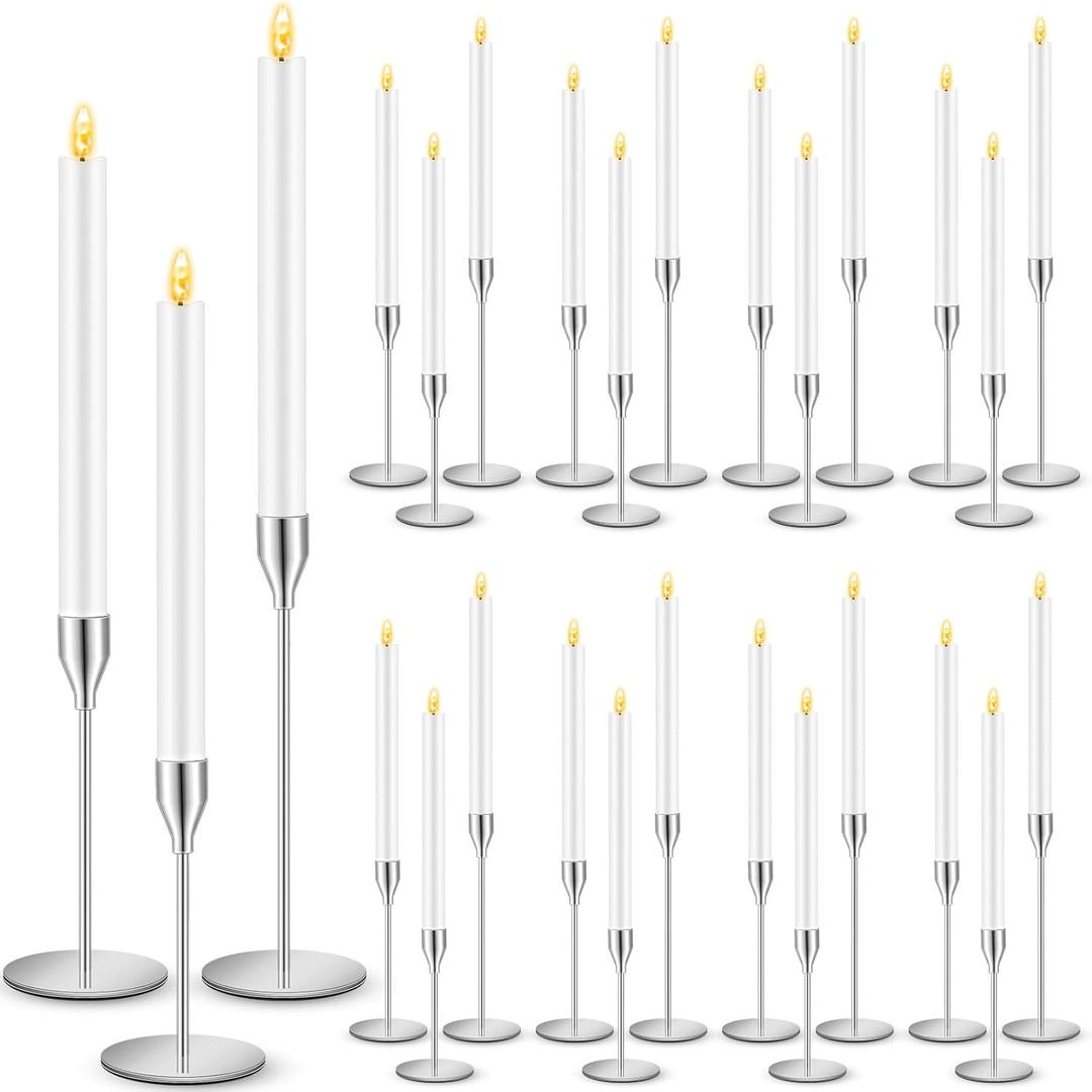30 Pcs Silver Candlestick Holders with LED Flameless Candles Bulk Includes 15 Metal Candle Holders and 15 Battery Operated Candles for Wedding Table Centerpieces Home Decor