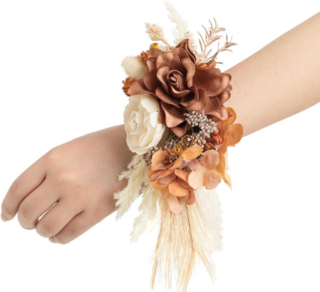 Ling's moment 2pcs Prom Wrist/Shoulder Corsage Artificial Flower, Girl/Mother Homecoming/Wedding Corsage Wristlet Décor, etc. Boho Rustic Sola Wood