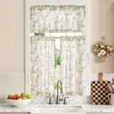jinchan Floral Kitchen Curtains Set 36 Inch Length Farmhouse Linen Cafe Curtains and Valance Set for Living Room Bathroom Small Window Treatments Rod Pocket 3 Panels Green on Linen
