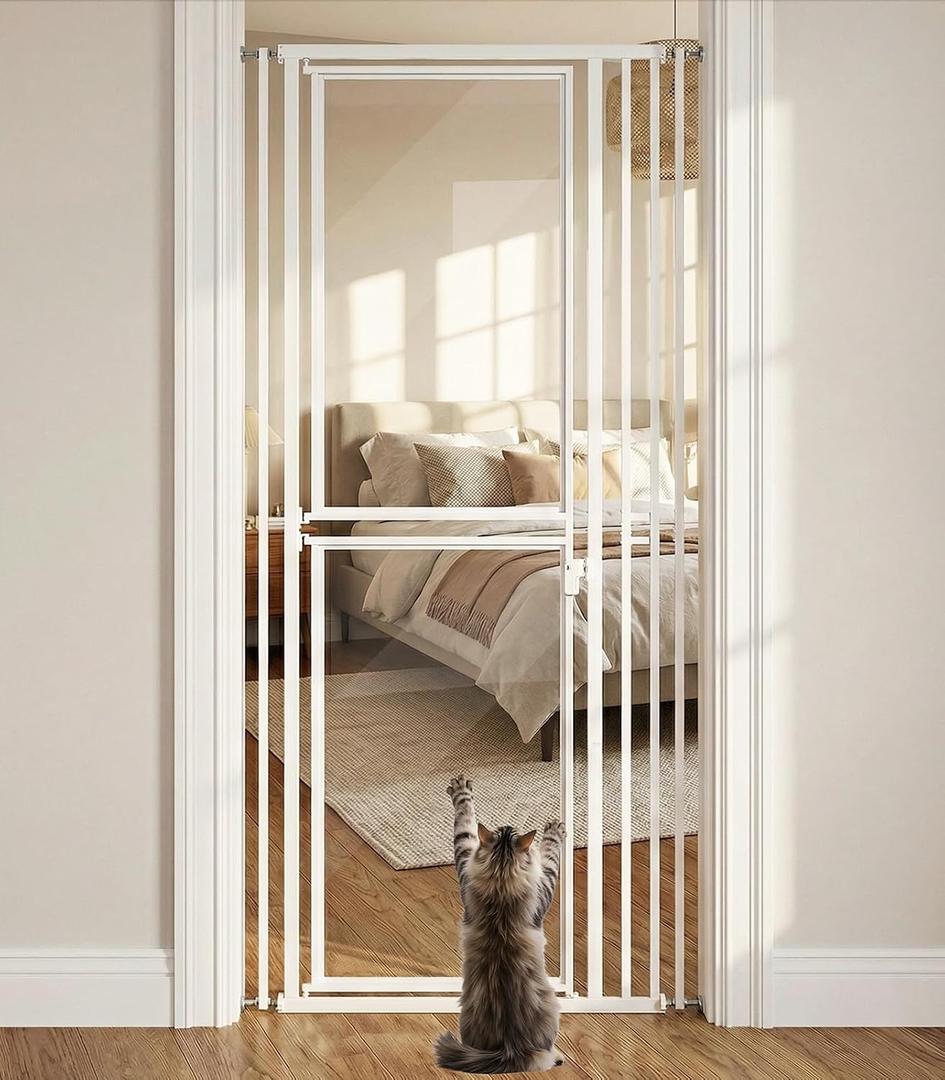 78.7" Extra Tall Cat Gate, Adjustable 27.5"-37.4" Wide Pet Proof Safety Gate, NO Drilling Pressure Mount Dog Gate, Transparent Full Door Pet Gate for Stairs/Studio/Kitchen, White