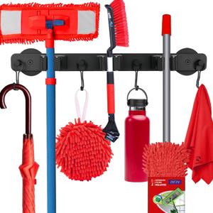 Magnetic Mop Broom Holder,Heavy Duty Movable Magnetic Wall Mount Tool Racks,No Drilling Utility Storage Shovel Hanger for Garage,Closet,Garden,Kitchen,Laundry (4 Hooks 3 Grippers,Black)