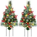 Juegoal 2 Pack 30 Inch Pre-Lit Pathway Christmas Trees, Artificial Christmas Urn Filler with 60 LED Lights, Red Berries, Pine Cones & Balls Ornaments, Battery Operated Holiday Decor for Driveway, Yard, Golden Red 