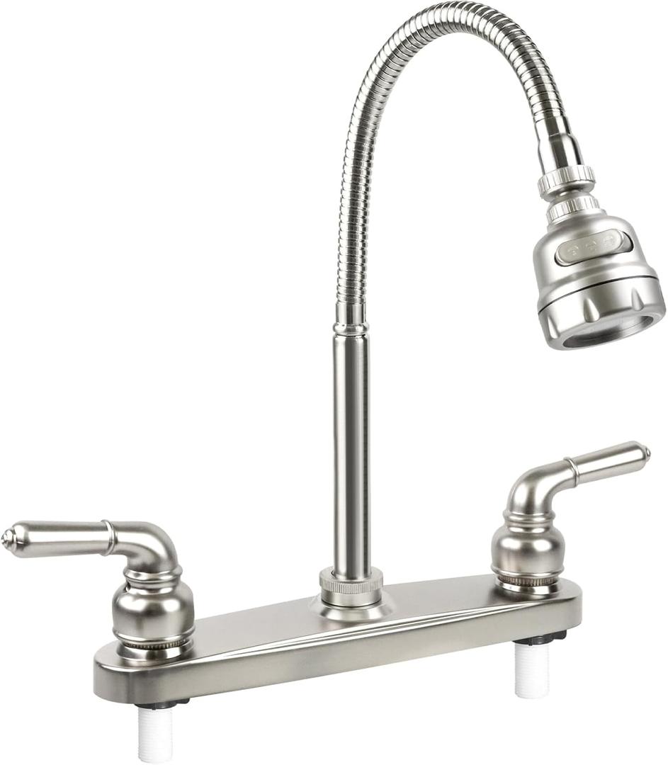 RV Kitchen Faucet,Camper Faucet Kitchen Replacement RV Sink Faucets with Flexible Arch 360 Swivel Rotatable Sprayer for Campers,Travel Trailers,Motorhomes,8 inch 2 Hole,Non-Metallic,Brushed Nickel