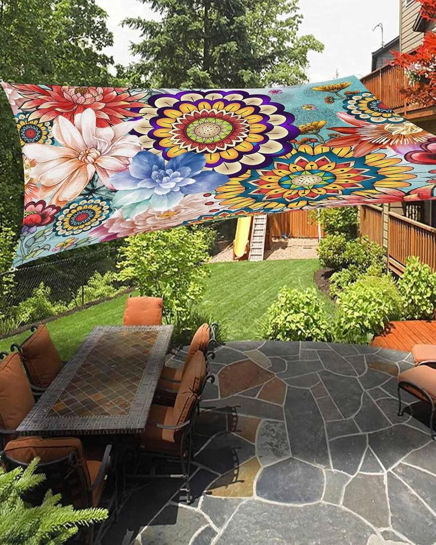 Sun Shade Sail 6.5'x10' Boho Floral Rectangle Sun Shade Sails Canopy Waterproof Mandala Flowers Plant Outdoor Sunshades Sand UV Block Cover Shade Cloth for Patio Backyard Garden Deck Porch Lawn