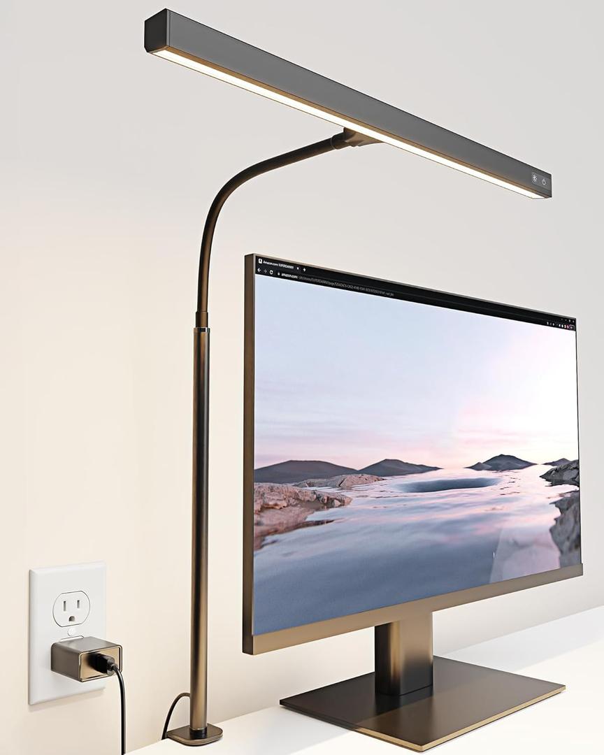 SUPERDANNY LED Desk Lamp for Office Home, Eye-Caring Desk Light with Adjustable Gooseneck, 12W Touch Control Dimmable Brightness, Architect Clamp Lamp with USB Adapter for Reading Study Workbench (Black)
