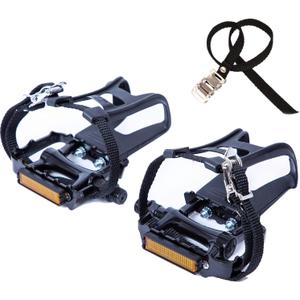 YBEKI All-Terrain Bike Pedals with Toe Clips & Adjustable Straps Dual-Purpose Resin/Alloy Bicycle Pedals 9/16" Spindle - Indoor/Outdoor Use for Exercise/Spin/Road Bikes MTB (black)