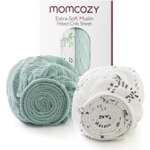 Momcozy Muslin Mini Crib Sheets Fitted - 38''x26'' Pack and Play Sheets for Pack N Play Mattress, 2 Pack Soft & Breathable Natural Cotton Non Slip Bed Cover for Boys, Girls, Bravery Zebra
