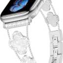 Tasikar Bling Diamond Women Band Compatible with Apple Watch Band 49mm 46mm 45mm 44mm 42mm 41mm 40mm 38mm Ultra SE Series 10 9 8 7 6 5 4 3 2 1 Lucky Clover Dressy Replacement Bracelet (Silver)
