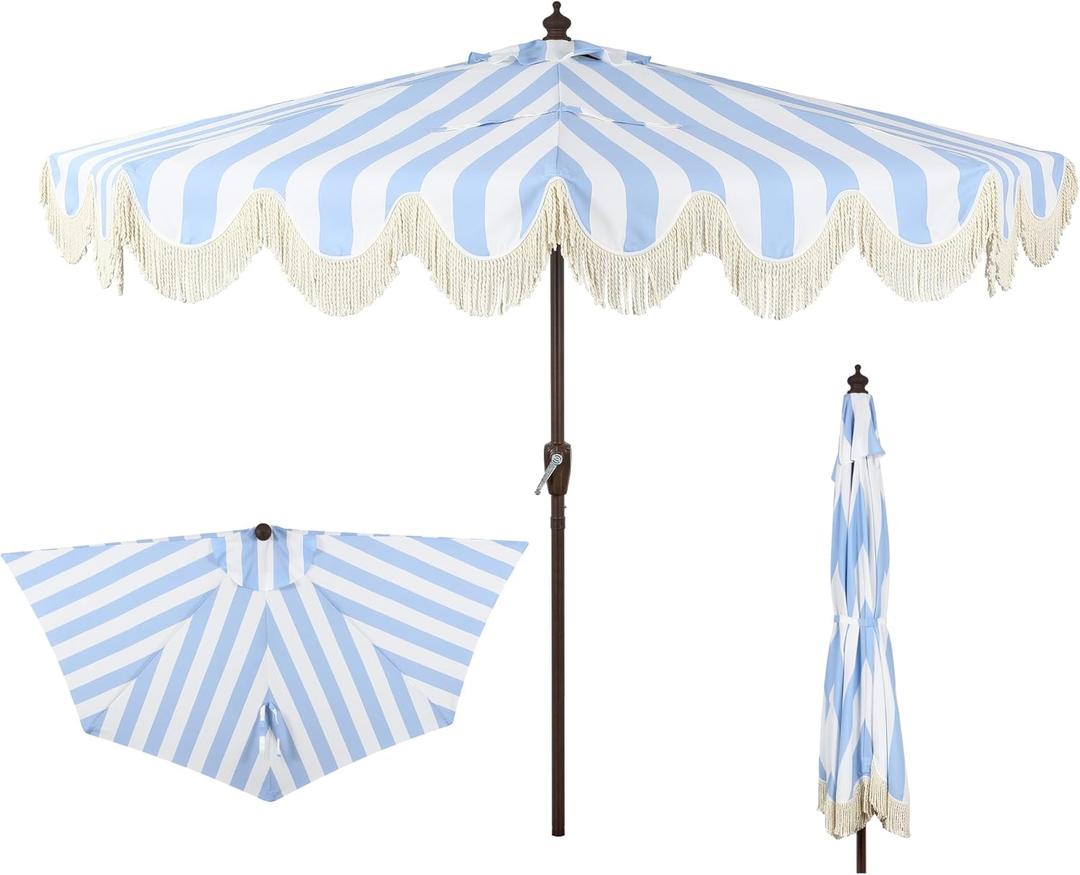 JONATHAN Y Half Umbrella UMB1201C Beverly 9 ft. Designer Classic Scalloped Fringe Market Patio with Crank, Push-Button Tilt and UV Protection in Light Blue/White