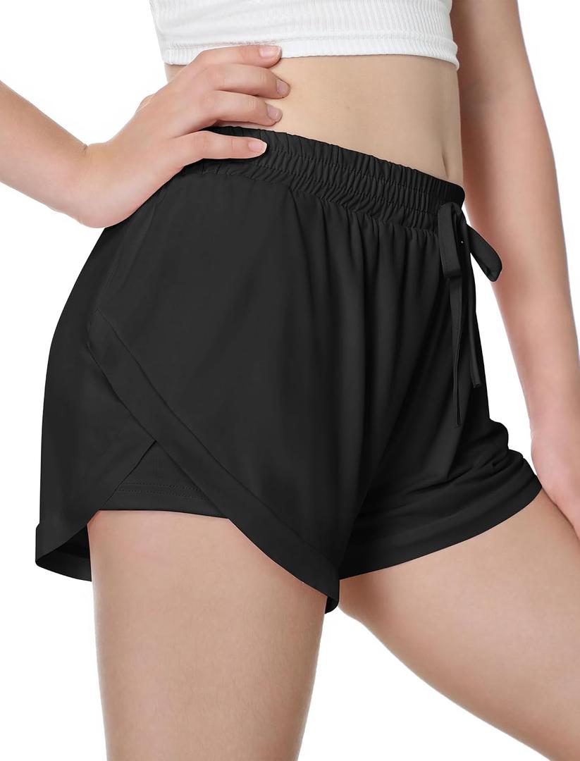 EXARUS Girls Athletic Shorts Sports Running Workout Cheer Teen 2 in 1 | Summer Track Gym Soccer Tween Youth Dolphin Pockets Kids Tumbling Clothes Elastic Waist Mid Rise Junior Casual 6-14Y (Black, XS)