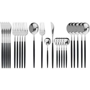 JASHII Flatware Serving Set 24 Piece, Stainless Steel Silverware Set, Titanium Black Silver Cutlery Set, Modern Elegant Tableware Set for Party, Christmas, Dinner (Black Silver)