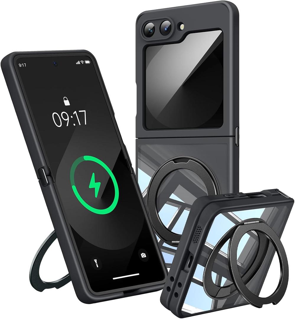 360Spin Magnetic Stand Case for Galaxy Z Flip 6/5 Fit for MagSafe & Pixelsnap Cover with Ring Holder No-Yellow Crystal Clear Camera Protection Phone Samsung Galaxy Z Flip 6/5 Case - Black
