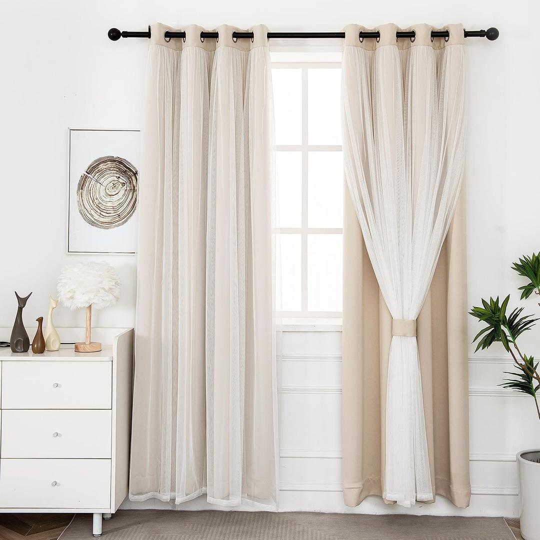 INLINAS Beige Blackout Curtains with Sheer Overlay - Grommet Top Thermal and Noise Reduction Panels for Bedroom and Living Room Light Blocking and Energy Saving, 52 x 96 Inches, Set of 2