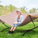 Portable Double Hammock with Stand, Outdoor Standing 2 Person Hammock Combo, Patent Pending, Tan