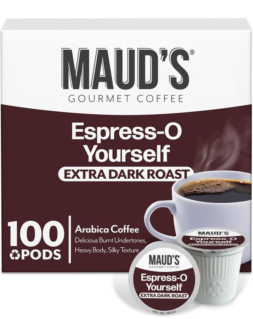 Maud's Espresso Coffee Pods, 100 ct, Dark Roast Coffee in Recyclable Single Serve Pods  100% Arabica Coffee, Compatible with Keurig K Cups Maker