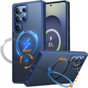 TORRAS 360 Spin Magnetic Stand for Samsung Galaxy S25 Ultra Case, Fit for Magsafe, Mil-STD Slim Protective S25 Ultra Case with Kickstand Rotatable, Aesthetic for Women Men, Ostand Spin, Navy Blue