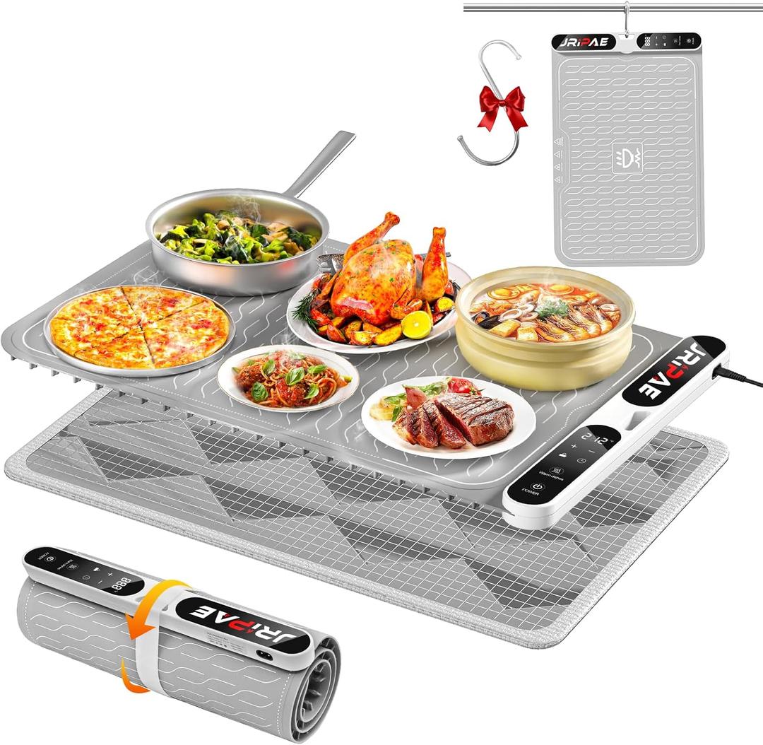 Warming Mat for Food, Fast Heating Silicone Electric Warming Tray with Heat Resistant Pad Protects Table,7 Level Temp, 8H Timer, Portable & Rollable Food Warmers for Parties Buffet, Daily Use (24*15 IN, Gray)