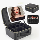 Travel Makeup Bag with Removable Mirror and Light, LED Lighted Make up Train Case, Cosmetic Organizer with PU Leather, 3 Colors Dimming Light, Adjustable Dividers & Brush Storage Board, Gift for Women