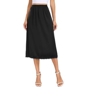 Vlazom Women's Satin Half Slip for Under Dress Long Underskirt Soft Under Slips for Women Under Dresses (Black, S)