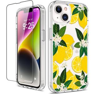 GiiKa for iPhone 14 Plus Case with Screen Protector, 6.7" Clear Full Body Shockproof Protective Floral Girls Women Hard Case with TPU Bumper Cover Phone Case for iPhone 14 Plus, Yellow Lemons