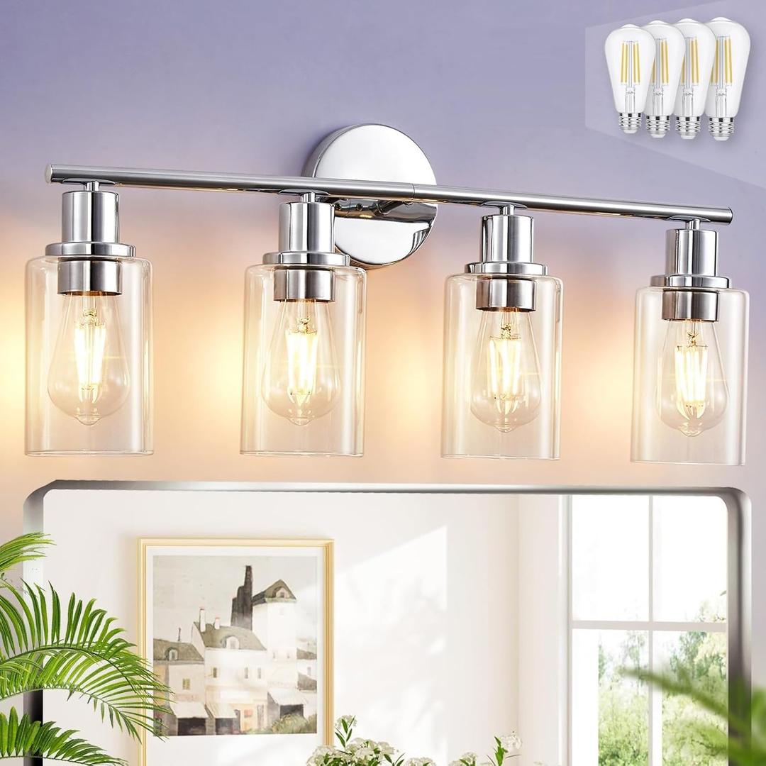 DLLT 4-Light Bathroom Light Fixtures: Chrome Modern Vanity Lights with 4 E26 Bulbs - Clear Glass Shade Bathroom Wall Lamp for Mirror Kitchen Living Room Hallway Cabinet Porch