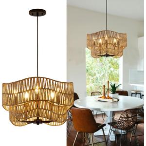 19.68" Large Rattan Chandelier, 5-Light Hand Woven Pendant Light Fixture, Farmhouse Boho Chandeliers, Adjustable Wicker Hanging Ceiling Lamp for Kitchen Bedroom Living Room Hallway Foyer