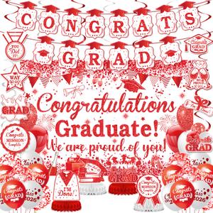 Red White Graduation Decorations Class of 2026 Red and White Graduation Party Supplies Include Congrats Grad Banner Backdrop Congratulations Balloons Hanging Swirl Honeycomb for High School College