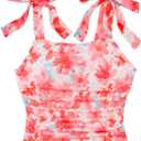 SOLY HUX Girl's Floral Tank Tops Bow Tie Shoulder Sleeveless Ruched Summer Crop Tops (Orange)