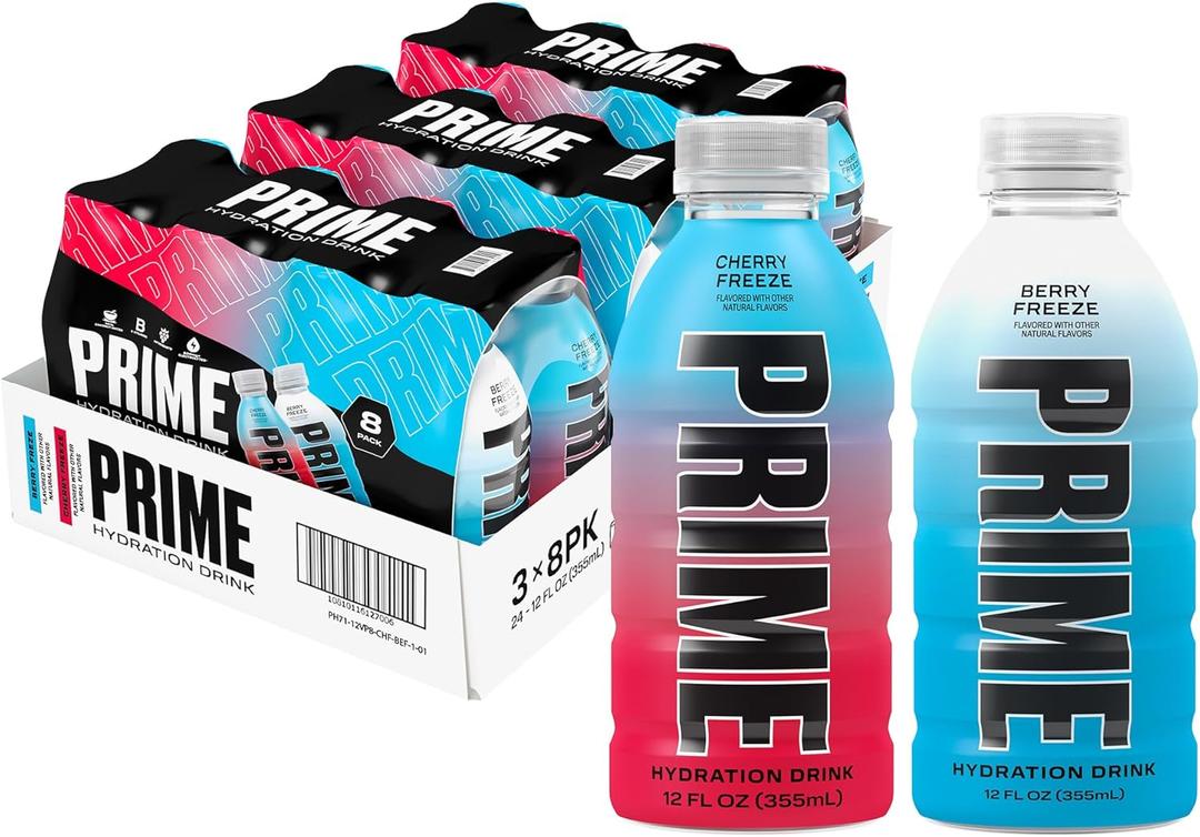 PRIME HYDRATION Duo - Blue Freeze & Cherry Freeze, Sports Drinks, Electrolyte Enhanced for Ultimate Hydration, 250mg BCAAs, B Vitamins, Antioxidants, Low Sugar, 12 Fl Oz (Pack of 24), BBD 06/2026