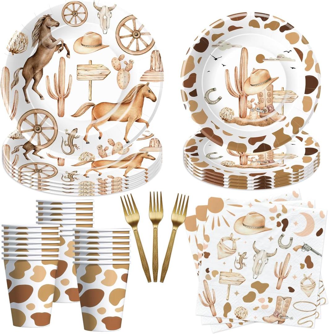 APOWBLS Western Cowboy Party Decorations Dinnerware - Wild West Party Supplies, Paper Plate, Cup, Napkin, Fork, Western Cowboy Rodeo Theme Birthday Baby Shower Decorations Tableware | Serve 24 Guests
